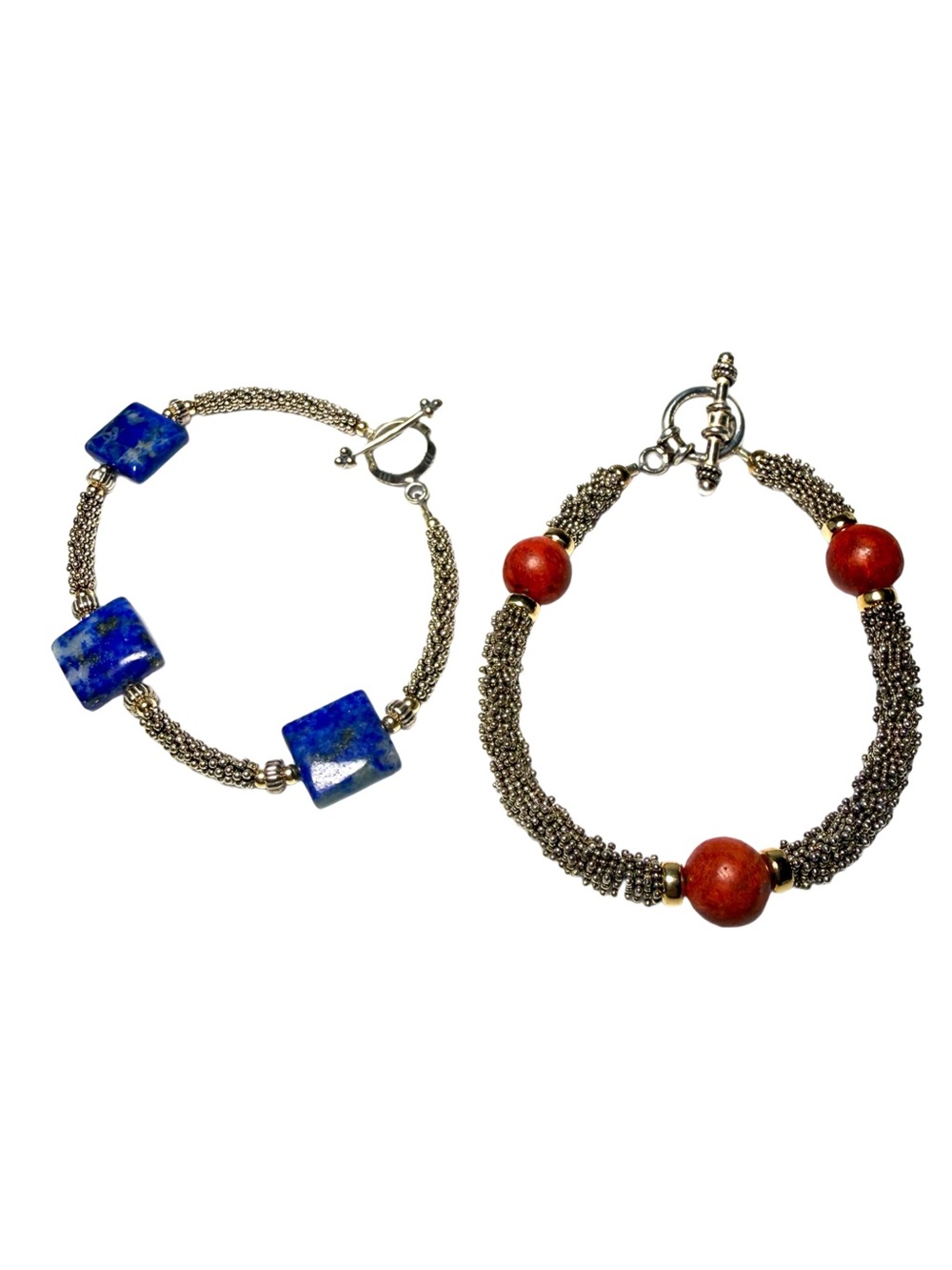 Tibetan Silver with Blue Lapis and Red Bead Bracelet Duo